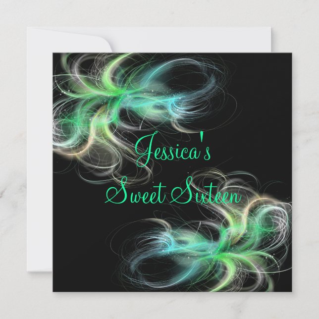 Sweet 16 Birthday Black & Blue Green Swirls Invitation (Front)