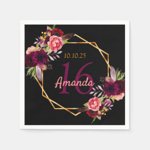 Sweet 16 birthday black gold burgundy floral napkin