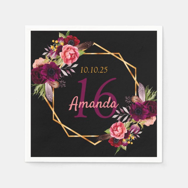 Sweet 16 birthday black gold burgundy floral napkin (Front)