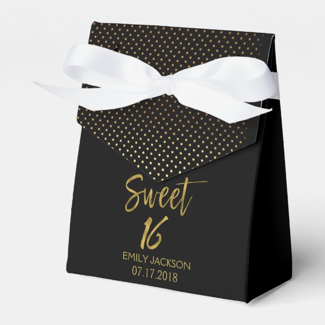 Sweet 16 Birthday Black & Gold Foil Polka Dots Favour Box (Front Side)
