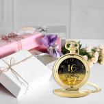 Sweet 16 birthday black gold name elegant pocket watch<br><div class="desc">Elegant, classic, glamorous and feminine. A faux gold colored bow and ribbon with golden glitter and sparkle, a bit of bling and luxury for a birthday gift or keepsake. Black background. Templates for her name, and the age 16. The name is written with a modern hand lettered style script. Golden...</div>