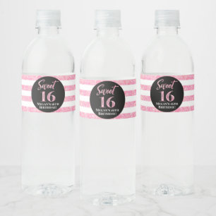 Sweet 16 Birthday Black Pink Stripes Water Bottle Label