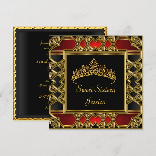 Sweet 16 Birthday Black Red Gold Tiara Invitation (Front/Back)