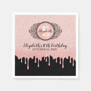 Sweet 16 Birthday Black Rose Gold Glitter Drips Napkin