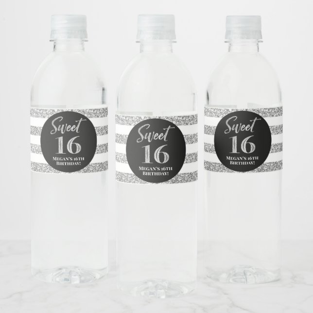 Sweet 16 Birthday Black Silver Stripes Water Bottle Label (Bottles)