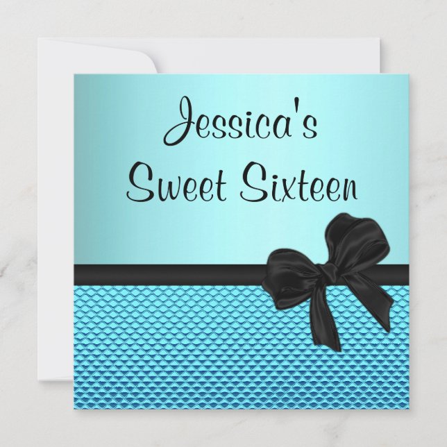 Sweet 16 Birthday Blue Black Bow Invitation (Front)