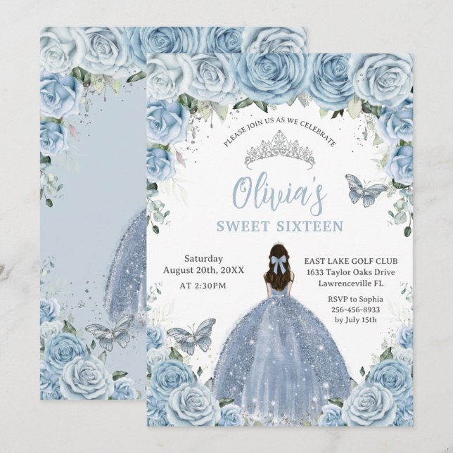Sweet 16 Birthday Blue Floral Silver Butterfly  Invitation (Front/Back)