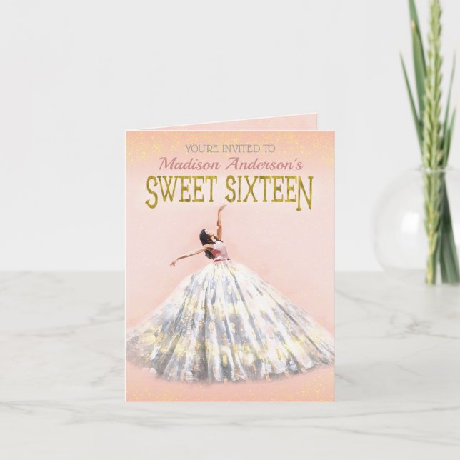 Sweet 16 Birthday Blush Pink Gold Watercolor Dress Invitation (Front)