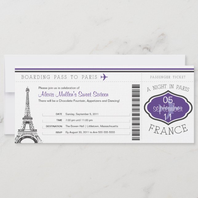 Sweet 16 Birthday Boarding Pass to Paris Invitation (Front)