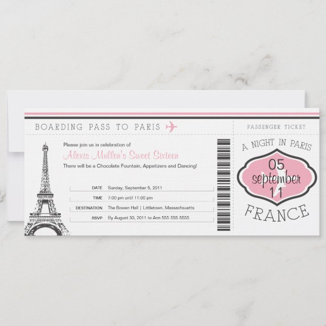 Sweet 16 Birthday Boarding Pass to Paris Invitation (Front)