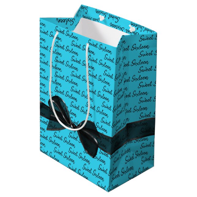 Sweet 16 Birthday Bow On Aqua Medium Gift Bag (Back Angled)