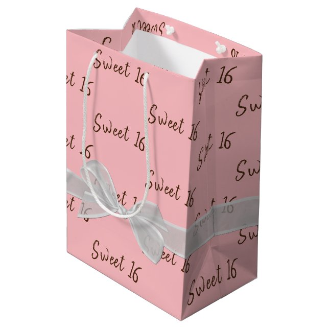 Sweet 16 Birthday Bow On Pink Medium Gift Bag (Back Angled)