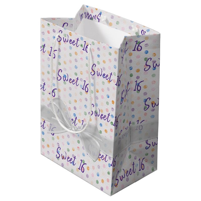 Sweet 16 Birthday Bow On Polka Dots Medium Gift Bag (Back Angled)