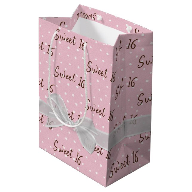 Sweet 16 Birthday Bow On Polka Dots Medium Gift Bag (Back Angled)