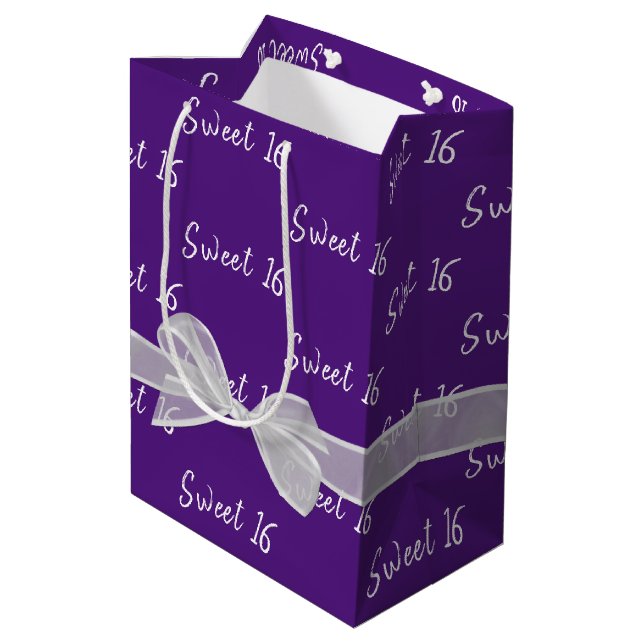 Sweet 16 Birthday Bow On Purple Medium Gift Bag (Back Angled)