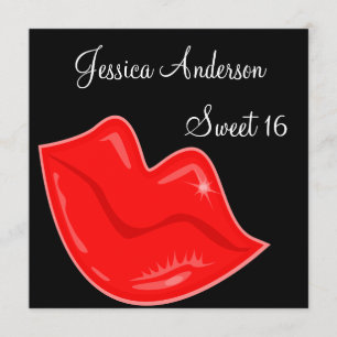 Sweet 16 Birthday Bright Red Lips on Black 2 Invitation