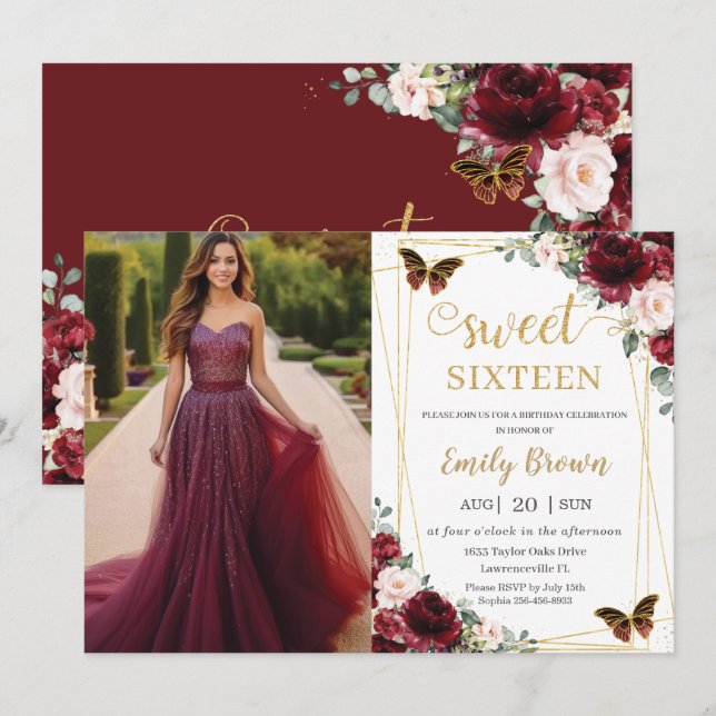 Sweet 16 Birthday Burgundy Blush Floral Butterfly  Invitation (Front/Back)