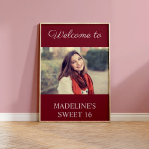 Sweet 16 Birthday Burgundy Name Photo Welcome Poster