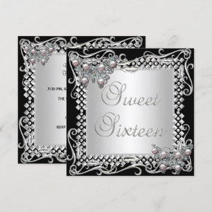 Sweet 16 Birthday Butterflies Silver Black Invitation