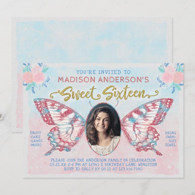 Sweet 16 Birthday | Butterfly Floral Photo Party Invitation (Front/Back)