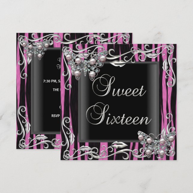 Sweet 16 Birthday Butterfly Zebra Black Pink Invitation (Front/Back)