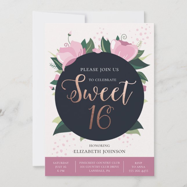 Sweet 16 birthday card. Gold and pink. Floral Invitation (Front)