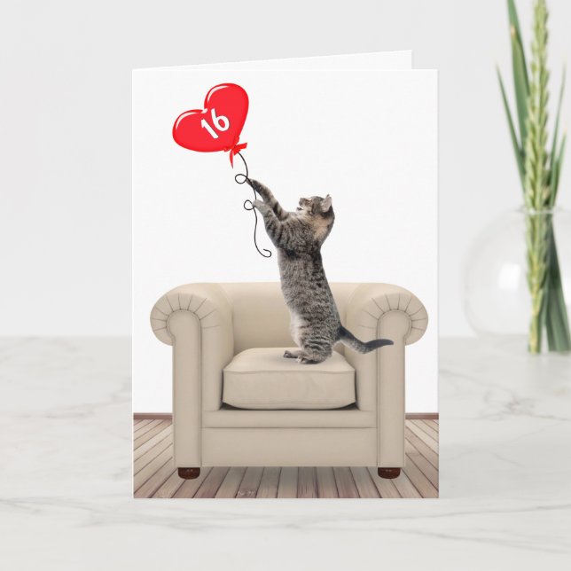 Sweet 16 Birthday Cat With Heart Balloon Card (Front)