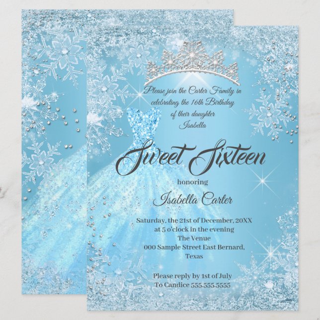 Sweet 16 Birthday Cinderella Blue Snowflake Winter Invitation (Front/Back)