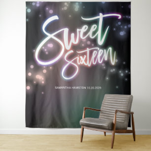 Sweet 16 Birthday Colourful Neon Glow Dark Backdro Tapestry