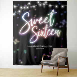 Sweet 16 Birthday Colourful Neon Glow Dark Backdro Tapestry