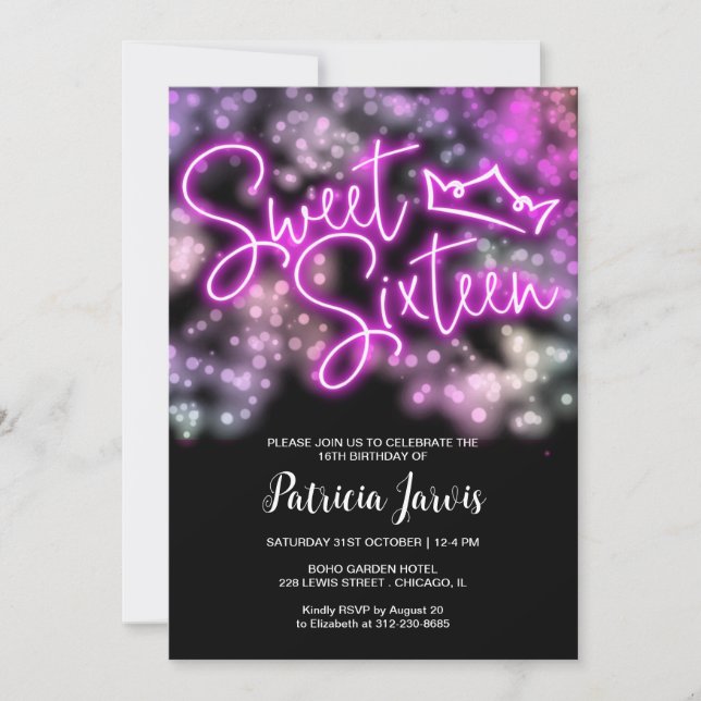 Sweet 16 Birthday Colourful Neon Glow Dark Party Invitation (Front)