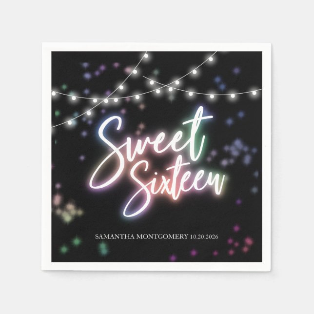 Sweet 16 Birthday Colourful Neon Glow Dark Party Napkin (Front)