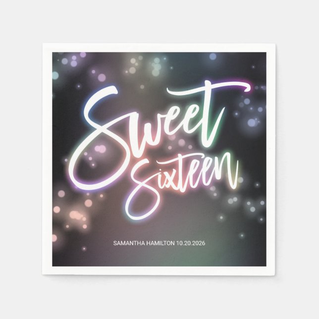 Sweet 16 Birthday Colourful Neon Glow Dark Party Napkin (Front)