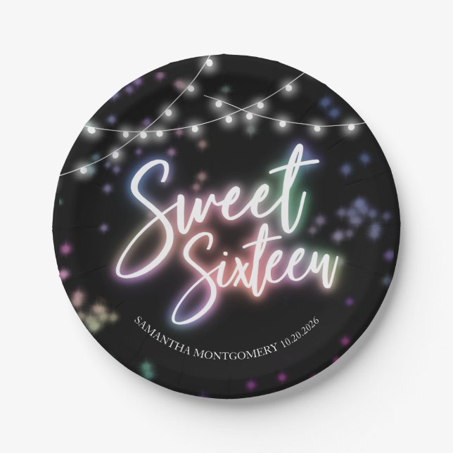 Sweet 16 Birthday Colourful Neon Glow Dark Party Paper Plate (Front)