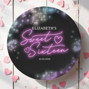 Sweet 16 Birthday Colourful Neon Glow Dark Party Paper Plate