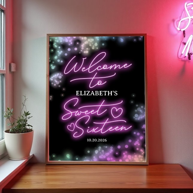 Sweet 16 Birthday Colourful Neon Glow Welcome Sign (Creator Uploaded)