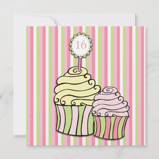 Sweet 16 Birthday Cupcake Parlour Striped Party Invitation (Front)