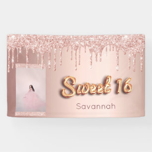 Sweet 16 birthday custom photo rose gold glitter banner