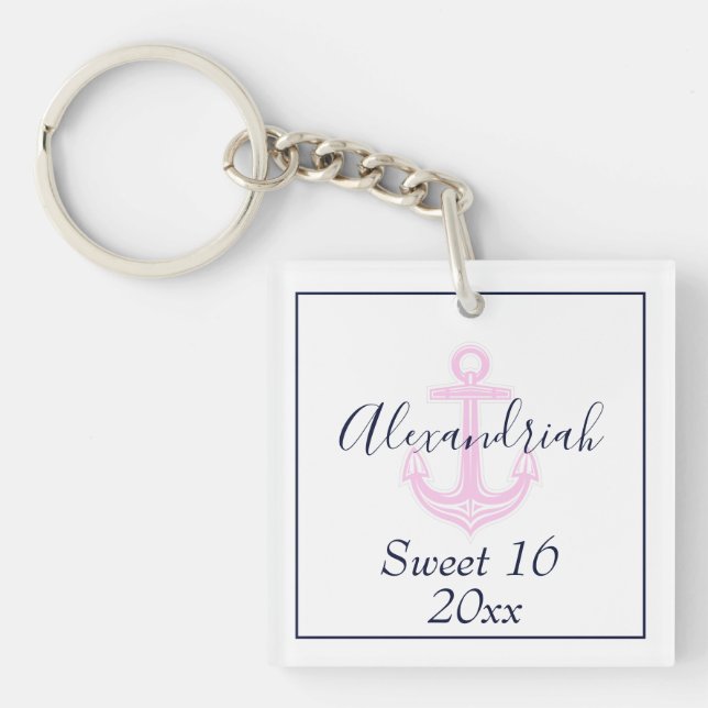 Sweet 16 Birthday Custom Pink  Navy Nautical  Keyc Key Ring (Front)