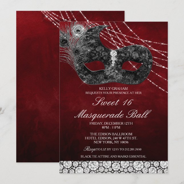 Sweet 16 Birthday Diamond Mask Invitation (Front/Back)