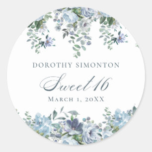 Sweet 16 Birthday Dusty Blue Floral Classic Round Sticker