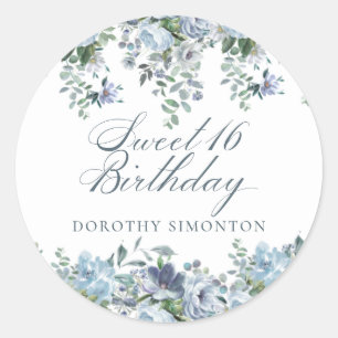 Sweet 16 Birthday Dusty Blue Floral Classic Round Sticker