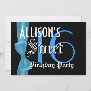 Sweet 16 Birthday Faux Blue Bow Invitation