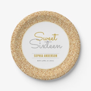 Sweet 16 Birthday Faux Gold Glitter Paper Plate