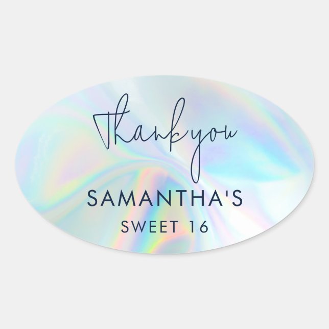 Sweet 16 Birthday Faux Holographic Thank You Oval Sticker (Front)