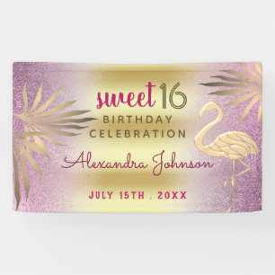 Sweet 16 Birthday Flamingo Pink and Gold Banner