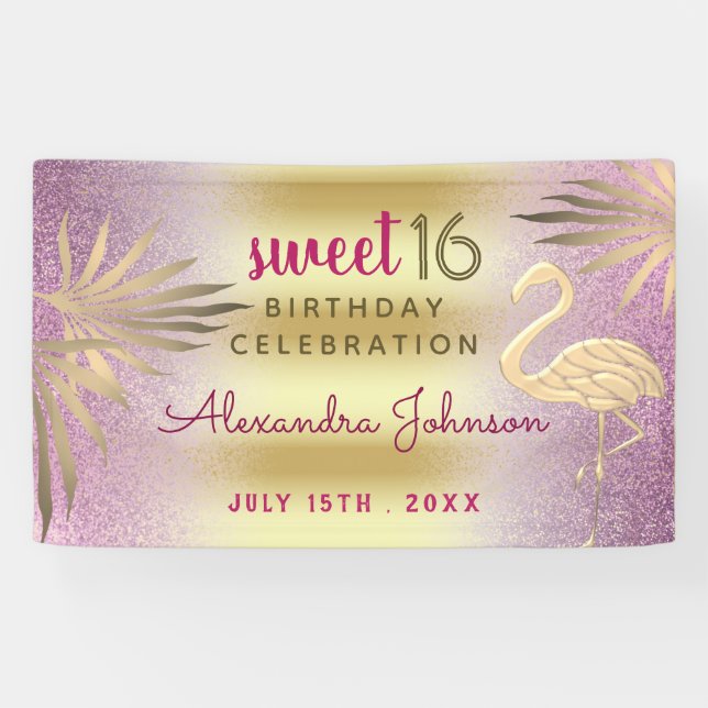 Sweet 16 Birthday Flamingo Pink and Gold Banner (Horizontal)