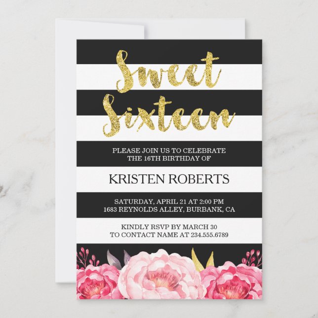 Sweet 16 Birthday Floral Gold Black White Stripes Invitation (Front)