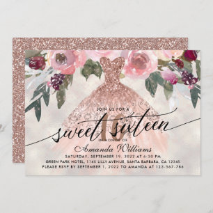Sweet 16 Birthday Floral Rose Gold Gown Invitation