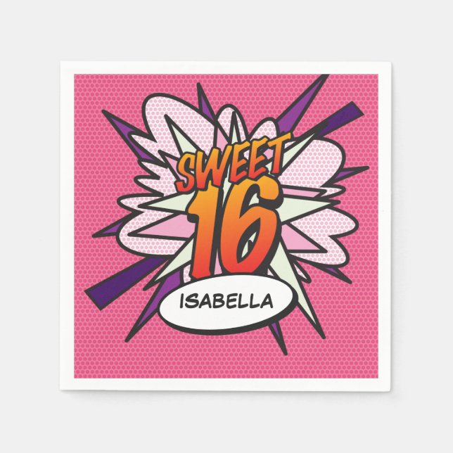 SWEET 16 Birthday Fun Retro Comic Book Pink Napkin (Front)
